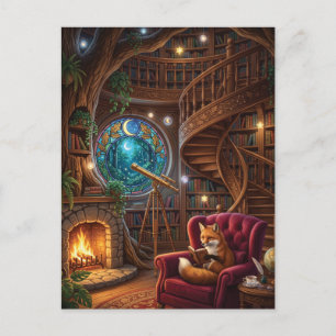 Gezellige Vos Leest in Magische Boomhut Bibliothee Briefkaart