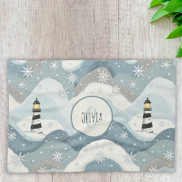 Gezellige vuurtoren met ijzige golven Winter Nauti Theedoek