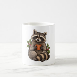 Gezellige wasbeer met koffie en botanische bladere koffiemok