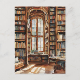 Gezellige Waterverf Bibliotheek Briefkaart
