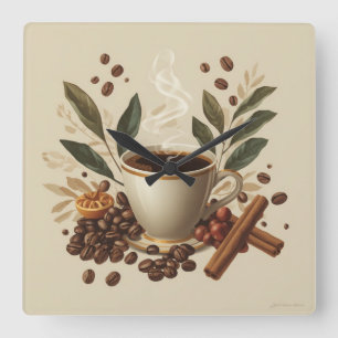 Gezellige waterverf koffie wandklok vierkante klok