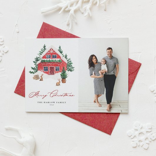 Gezellige waterverf rode kersthuis foto feestdagenkaart