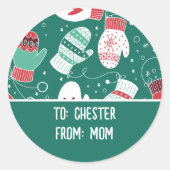 Gezellige Winter Kerst wanten Patroon in Groen Ronde Sticker (Voorkant)