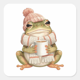 Gezellige Winter Kikker & Koffie Esthetiek Vierkante Sticker