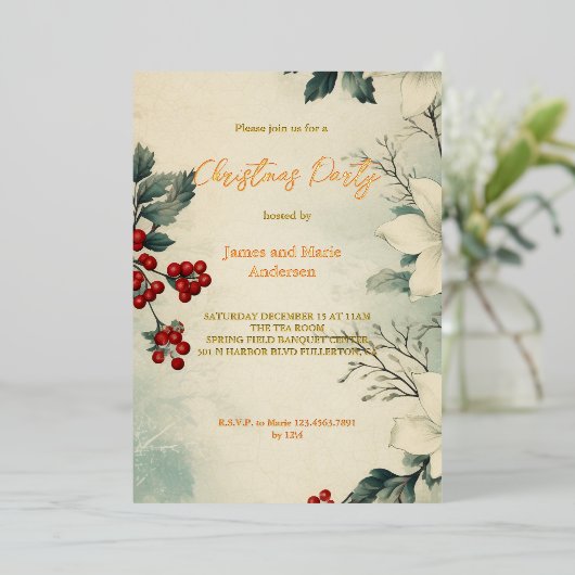 Gezellige winter sneeuw groen kerstfeest folie uitnodiging (Staand Voorkant)