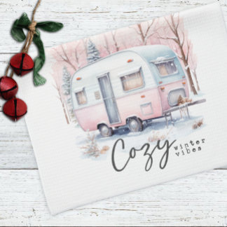 Gezellige Winter Vibes Roze Pastel Camper Kerstmis Theedoek