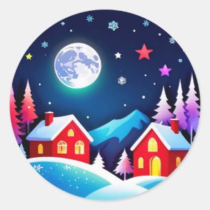 Gezellige winteravond dorpsscène ronde sticker