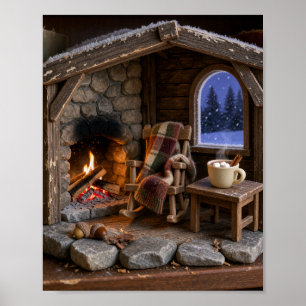 Gezellige winterhut met knetterende open haard Min Poster