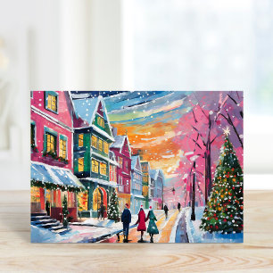Gezellige winterstraat scène moderne kunst kaart