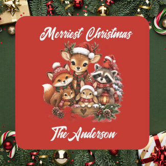 Gezelligste Kerstmis Bosdieren Familie Vierkante Sticker