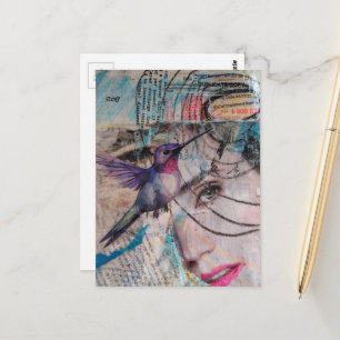 Gezicht en kolibrie Abstracte Mixed Media Collage Briefkaart