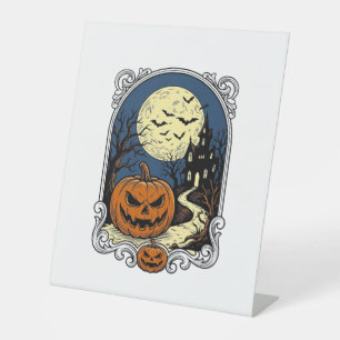 Gezicht op een Pompoen uit de Geest Halloween Vint Reclamebord Met Voetstuk