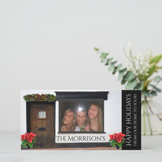 Gezichten geperst tegen glazen kerst feestdagenkaart (Staand voorkant)