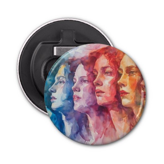 Gezichten van vrouwen - Waterverf schilderij Button Flesopener (Voorkant)