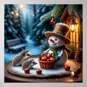 Gezichtige winterscène met sneeuwman, egels poster