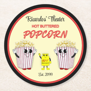 Gezinsbioscoop met warme boterpopcorn ronde kartonnen onderzetter