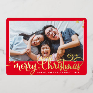 GEZINSFOTO leuk kalligrafie Prettig Kerstfeest roo Folie Feestdagenkaart