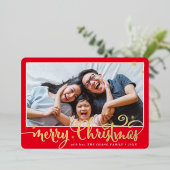 GEZINSFOTO leuk kalligrafie Prettig Kerstfeest roo Folie Feestdagenkaart (Staand Voorkant)