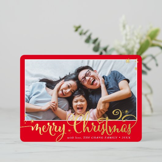 GEZINSFOTO leuk kalligrafie Prettig Kerstfeest roo Folie Feestdagenkaart (Staand Voorkant)