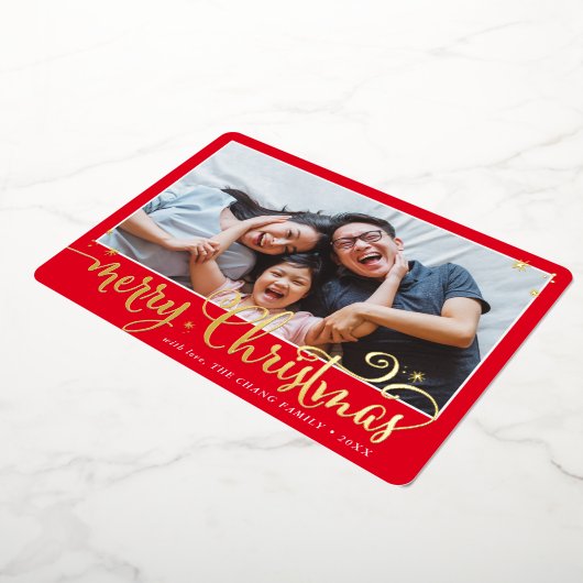 GEZINSFOTO leuk kalligrafie Prettig Kerstfeest roo Folie Feestdagenkaart (Gedraaid)