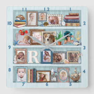 Gezinsfotocollage Beach Bookcase, speciaal geperso Vierkante Klok