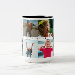 Gezinsfotocollage met 6 foto's en aangepaste tekst tweekleurige koffiemok
