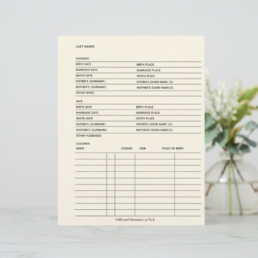 Gezinsgegevens Genealogie Fillable Form Sjabloon (Staand voorkant)