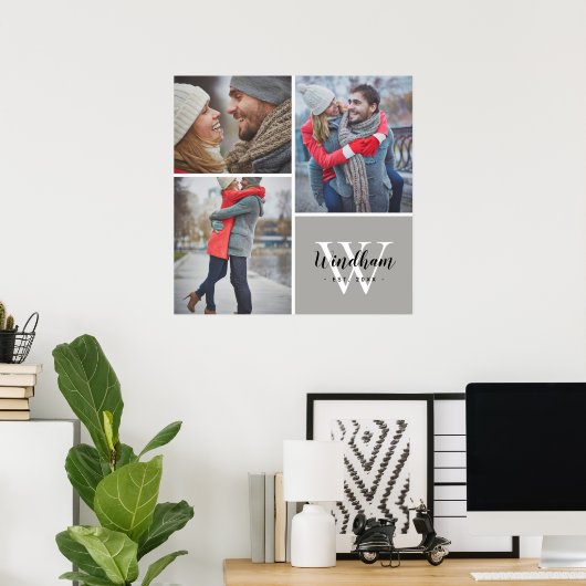 Gezinsmonogram Vastgestelde datum 3 Foto Collage Poster (Thuiskantoor)