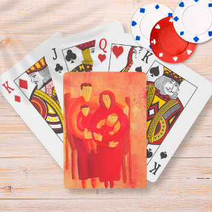 Gezinsportret in eigentijdse kunst geschilderd pokerkaarten