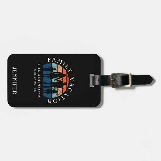Gezinsvakantie Handen vasthouden Retro Zon Zwart Bagagelabel (Voorkant horizontaal)