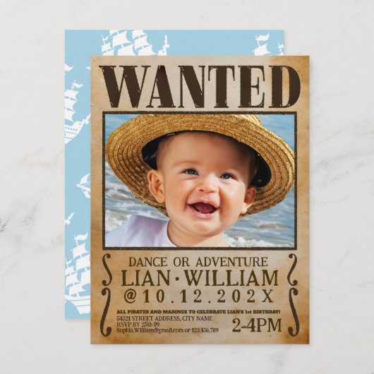 GEZOCHT! Piraten eerste verjaardagsfeestje Uitnodiging Briefkaart (Voorkant / Achterkant)