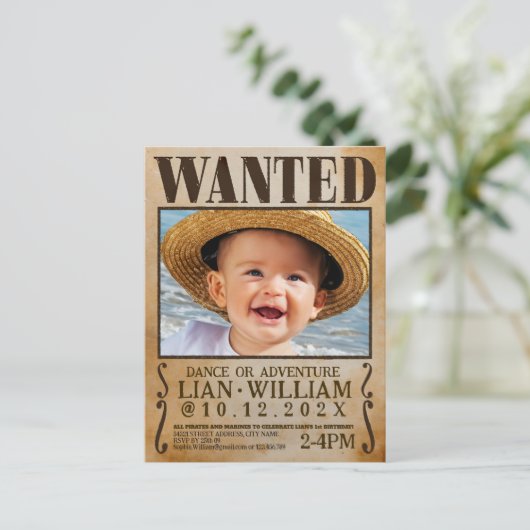 GEZOCHT! Piraten eerste verjaardagsfeestje Uitnodiging Briefkaart (Staand voorkant)