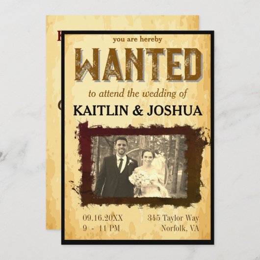Gezocht Poster 💍 Western thema trouwfoto Kaart (Voorkant / Achterkant)
