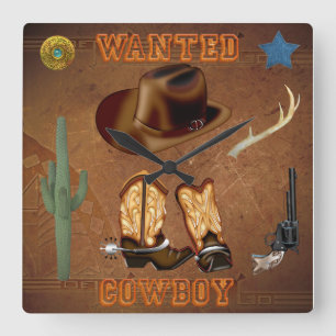 Gezochte Cowboy laarzen pet pistool cactus western Vierkante Klok