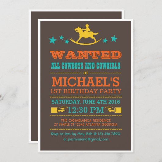  Gezochte Westerne Cowboy Birthday Uitnodiging (Voorkant / Achterkant)