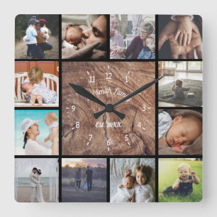 Gezonde fotocollage personaliseert hout  vierkante klok