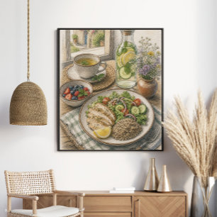 Gezonde mediterraanse lunch bij raam gekleurde pot poster