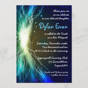 Ggloed Neon Stars Bar Mitzvah Invitation blue Kaart