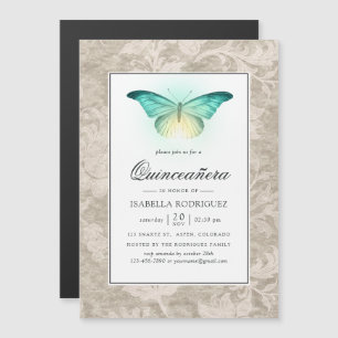 Ggloeiende Butterfly en  Damask Quinceañera Magnetische Uitnodiging