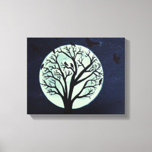 Ggloeiende maan met Oude Boom en Kraaien Canvas Afdruk