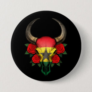 Ghana Flag Bull Skull met rode rozen Ronde Button 7,6 Cm
