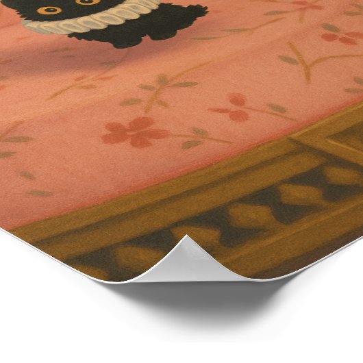 Ghibli Style Zwarte Kat op Roze Stoel Poster Print (Hoek)