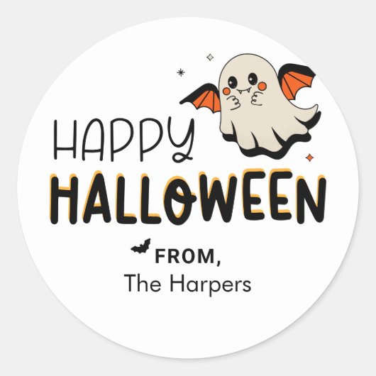 Ghost Bat Happy Halloween Ronde Sticker (Voorkant)