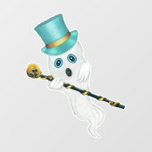 Ghost Blue Eyes Top Hat  Cane Gold Skull Raamsticker (Vel)