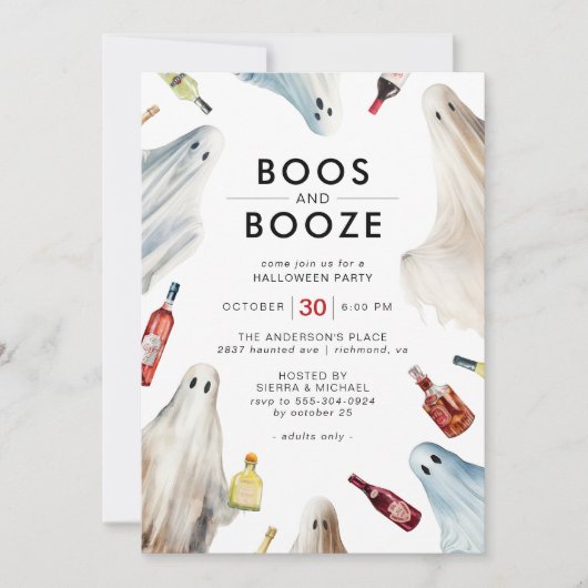 Ghost Boos en Booze | Fun volwassen Halloween Part Kaart (Voorkant)