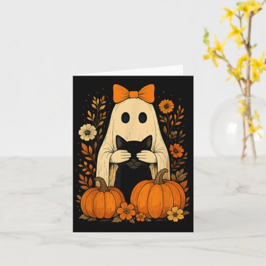 Ghost Bow houdt zwarte kat Herfst Halloween Kaart (Gele Bloem)