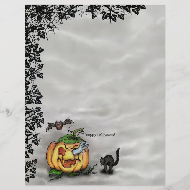 Ghost, Cat, Bat en Pumpkin, Happy Halloween! Briefhoofd (Voorkant)