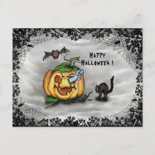 Ghost, Cat, Bat en Pumpkin, Happy Halloween! Briefkaart