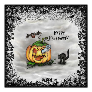 Ghost, Cat, Bat en Pumpkin, Happy Halloween! Foto Afdruk