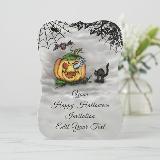 Ghost, Cat, Bat en Pumpkin, Happy Halloween! Kaart (Staand voorkant)